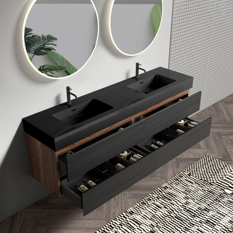 Meuble-lavabo 72 po (36 po * 2) avec lavabo à quartz d'ingénierie et tiroirs souples, meuble-lavabo mural flottant, lavabo une pièce, KD