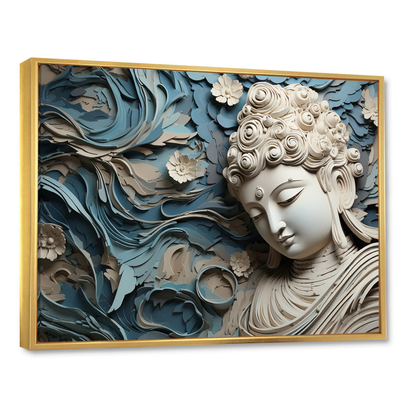 Statue religieuse bouddhisme I - décoration murale bouddhisme, Cadre flottant doré, H 12 po x l 20 po x P 1 po