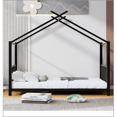 Lit plateforme en métal noir, taille simple, durable et élégant pour un confort de sommeil optimal.