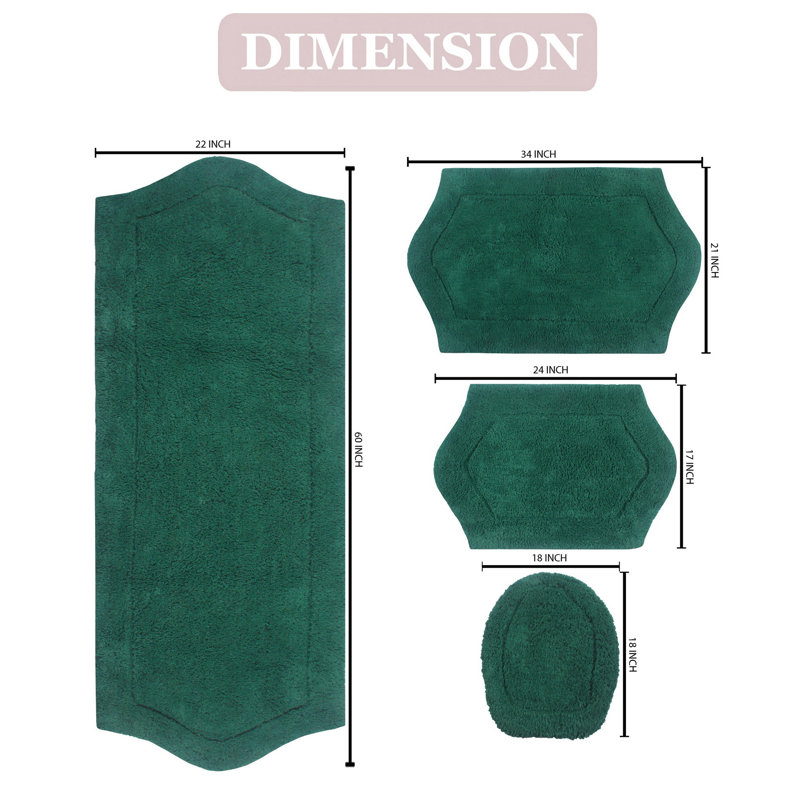 Delean 100% Cotton Bath Rug, Non-Slip, Quick Dry, Machine Washable, Absorbent - 4 Piece Set, Forest Green