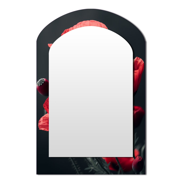 Red Black Poppies Monochrome Charm I - Poppies Arch Wall Mirror, Red Asymmetrical Decorative Mirror, Printed Metal Art