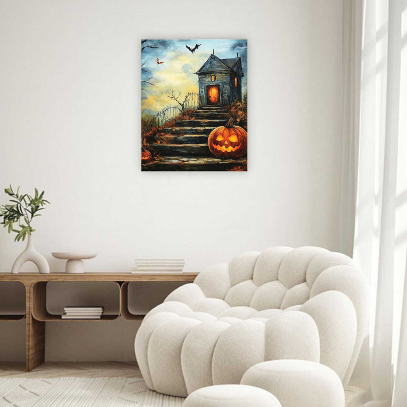 «Grey Gothic Cottage» avec marches de pierre, lanternes de citrouille incandescentes, art mural de qualité supérieure pour le salon, 32 x 24 po