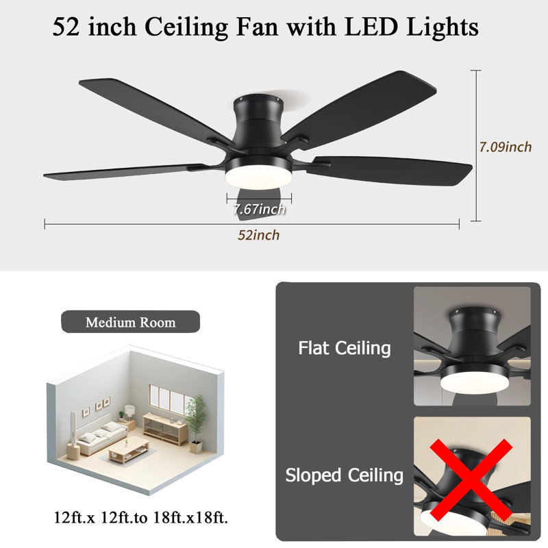 54 Inch Ceiling Fans With Led Light and Remote/App Control, Flush Mount, Dimmable Light, Modern Black Ceiling Fan for Livingroom, Indoor/Covered Outdoor Use