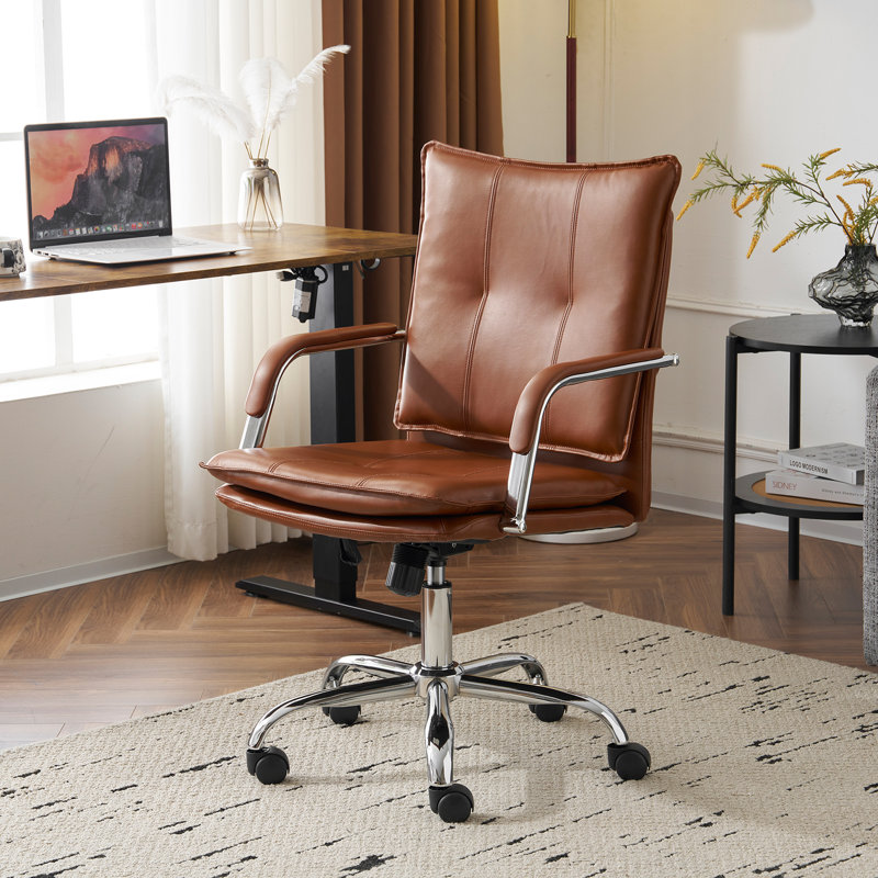Luxury Faux Leather Office Chair - Padded Arms, Caramel