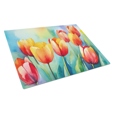 Tulipes dans une grande planche à découper en verre aquarelle