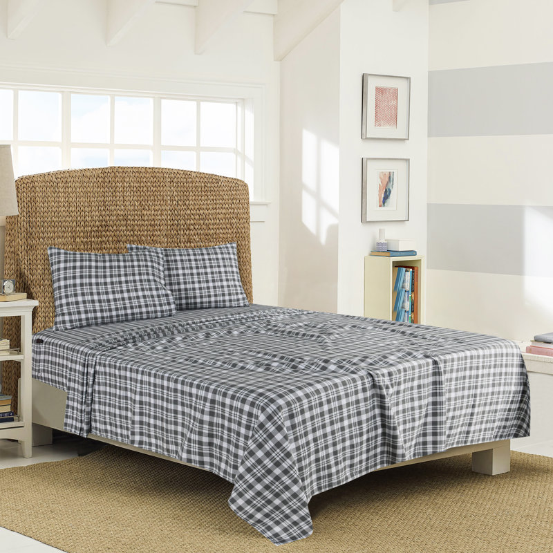 Ensemble de draps en flanelle 100% coton Davae, Simple TG, À carreaux, bleu