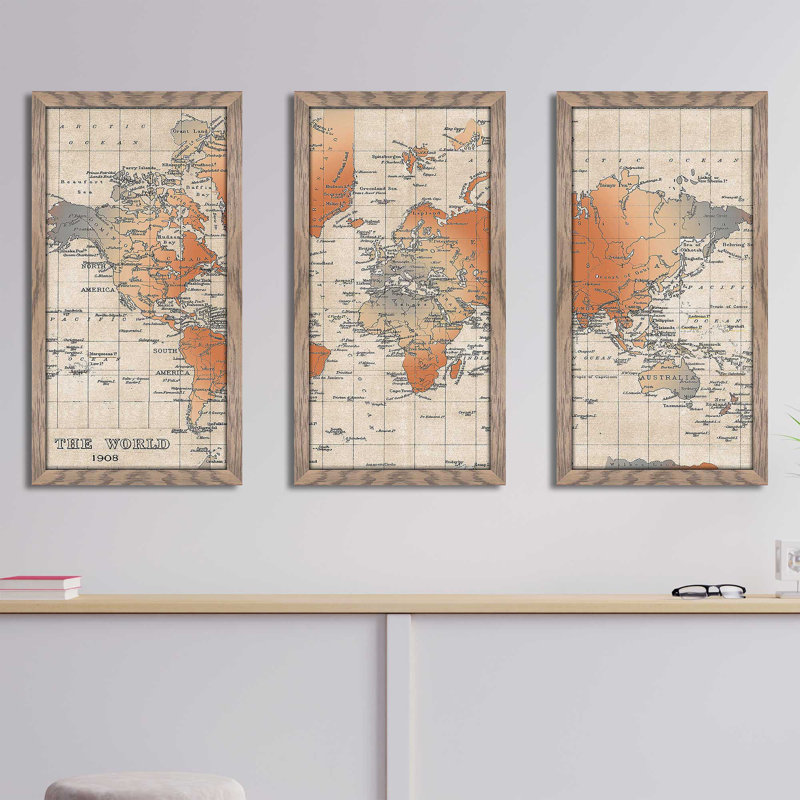 «Carte du monde», reproduction sur acrylique 3 pièces, H 25,5 po x l 40,5 po x P 1 po