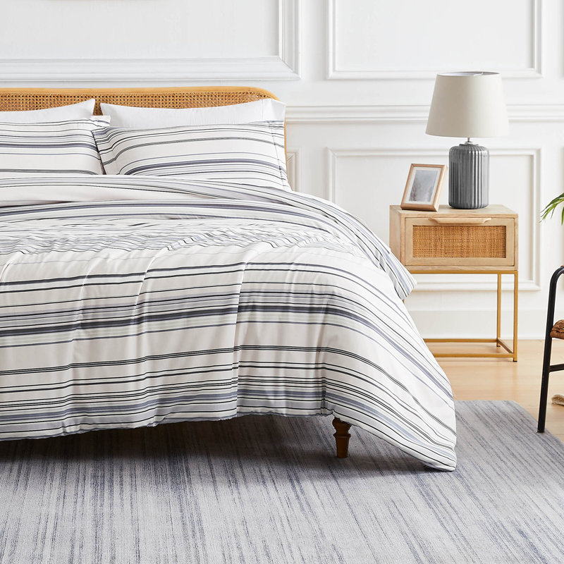 Twin/Twin XL Gray and Blue Striped Microfiber Duvet Cover Set