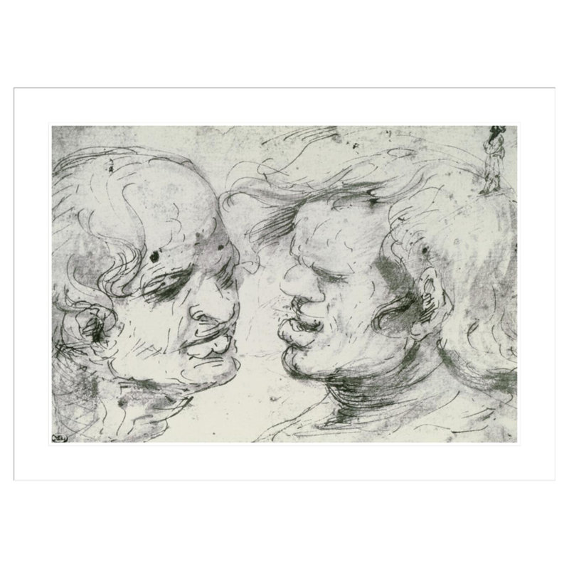 Deux têtes (plume et encre sur papier) par Leonardo Da Vinci - Estampe numérique encadrée, H 30,61 po x l 41,5 po