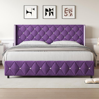 Alber Upholstered Bed Frame With Diamond Tufted Headboard, Modern Wingback, No Box Spring Needed