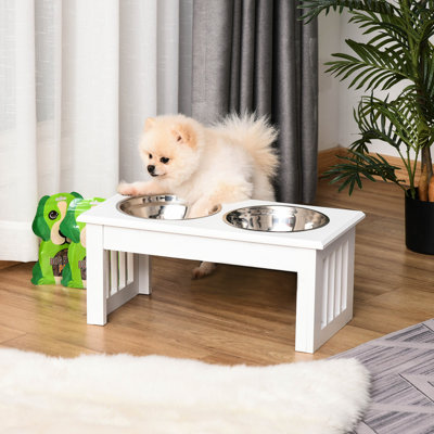 6" Elevated Small Puppy Dog Food Holder, Stainless Steel Bowls With Wooden Frame, White, Minimizes Spillage And Supports Pet's Well-being Growth , Hei