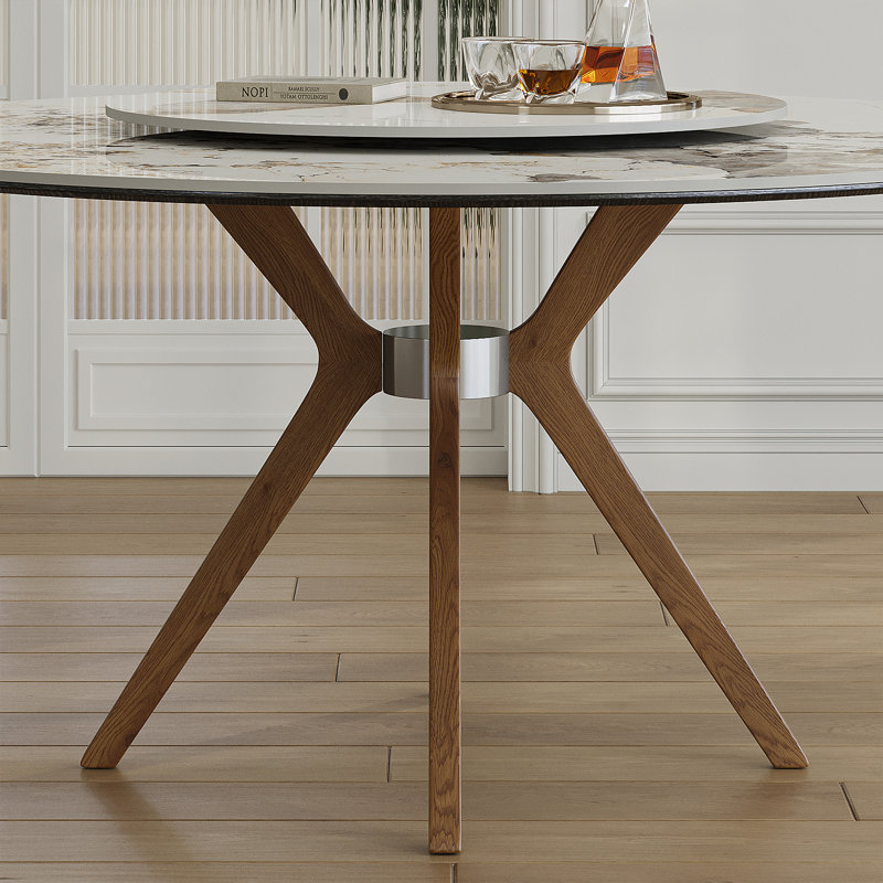 Ensemble de table de salle à manger moderne en pierre frittée de 59 pouces (table + 6 chaises), équipé d'un plateau tournant rond de 35 pouces, pouvant accueillir 6 à 8 personnes, avec une base en bois de couleur noyer