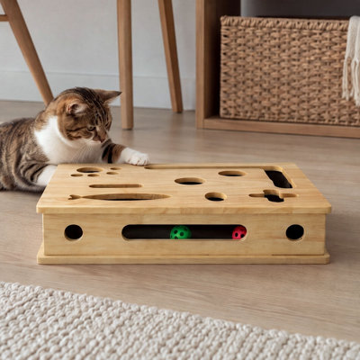 Cat Nail File Scratcher Large Solid Wood with Toy Balls for Indoor Cats