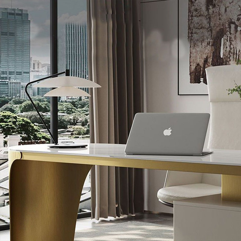 GI720090350374&Color&Size L-Shaped Stainless Steel Executive Desk, Gold/White, Left Hand Return