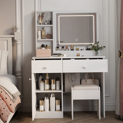 Fashion Vanity Desk With Mirror And Lights For Makeup, Vanity Mirror With Lights And Table Set