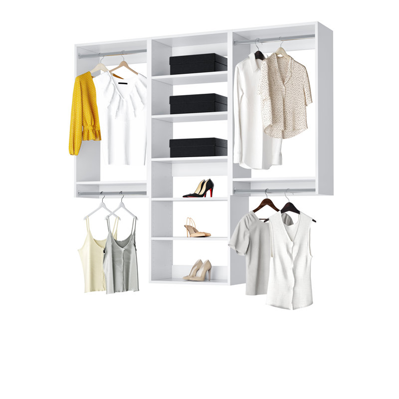 White Modular Closet System with Shelves and Hanging Rods