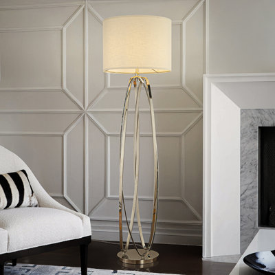 62'' Elegant Modern Polished Nickel Metal Floor Lamp With Ivory Fabric Drum Shade For Living Room Dining Room
