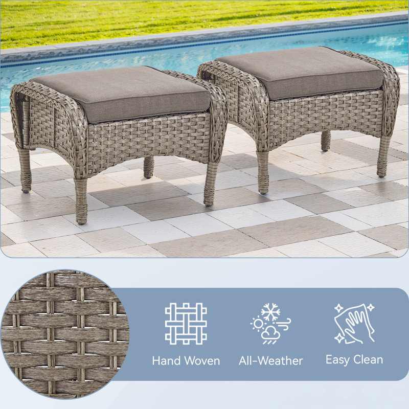 Repose-pieds d'extérieur en osier Arbor avec coussins moelleux pour l'extérieur - durable et résistant aux intempéries, Gris
