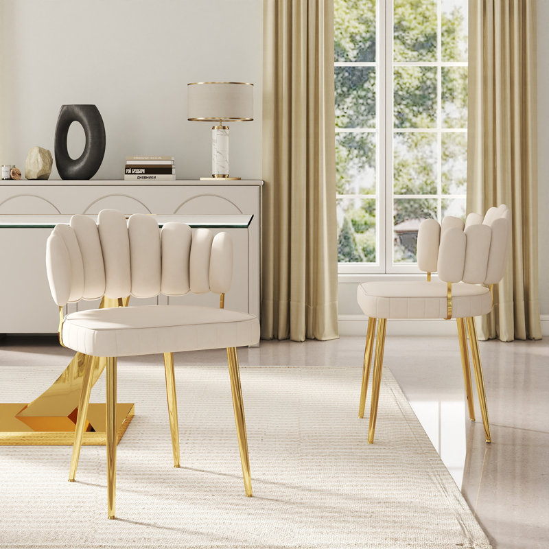 Ensemble de chaises de salle à manger élégantes en velours capitonné et dossier tressé avec pieds en métal, 2, Beige