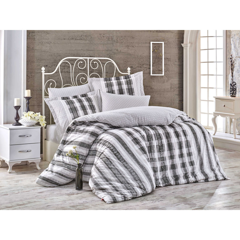 Ensemble de housse de couette 100% coton Argent, Noir / Blanc / Gris, Housse de couette double TG + 3 pièces supplémen