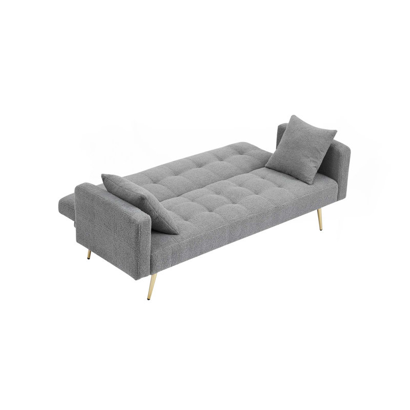 Quiniya 71.26" Modern Velvet Sofa Bed Folding Couch with Two Throw Pillows for Living Room, Gray Teddy