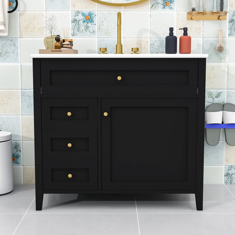 Meuble-lavabo 3 tiroirs avec lavabo, tablette réglable et tiroir basculant, Black