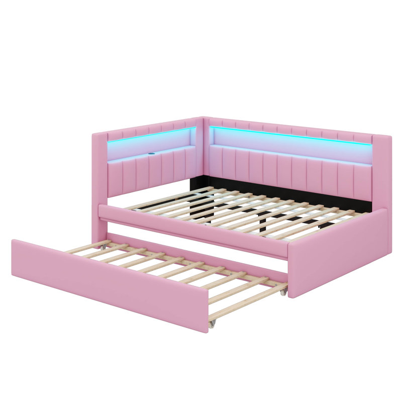 Full-Size Fully Upholstered Platform Bed With USB Ports, LED Illumination, And A Concealed Trundle, Pink