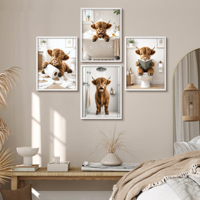 Highland Cow Farm Bath Time Funny Animal Bathroom Scene Framed Wall Art Prints Set of 4 - Bathroom or laundry room rustic humorous farmhouse decor