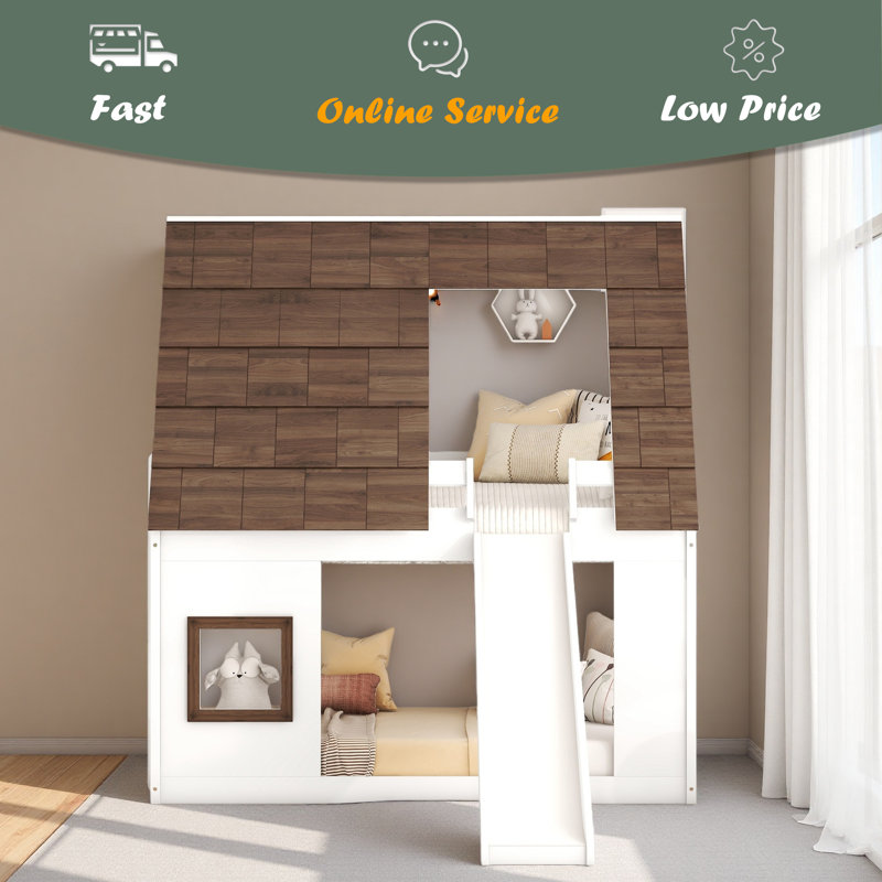 Lit superposé simple en bois avec toit, échelle et toboggan