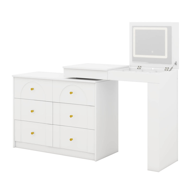 Bureau de maquillage avec lumières DEL et miroir, plateau de table rabattable, 7 tiroirs, 9 compartiments, 3 tablettes de rangement, 3 modes de couleur, coiffeuse réglable