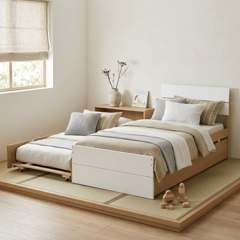 Modern Farmhouse Twin Size Wooden Platform Bed with a Twin Size Trundle Bed, White/Light Oak