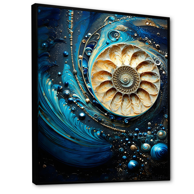 Nautilus, saphir, coquillages I sur toile, H 32 po x l 24 po x P 1 po, Cadre flottant noir