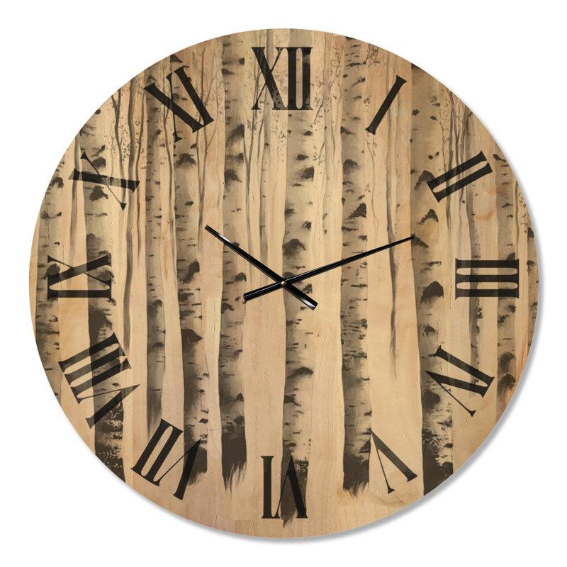 Grande horloge murale panoramique en bois - Forêt de bouleaux en hiver, Oversized