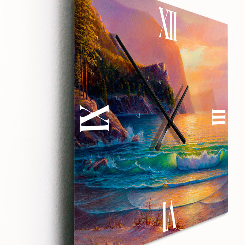 Plage romantique pendant un coucher de soleil chaud - horloge murale nautique et côtière, Très grand