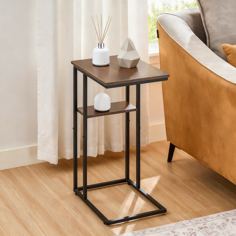 Ensemble de 2 tables de bout en C, table d'appoint double couche avec plateau en bois rustique et structure en métal pour le salon, la chambre à coucher et les petits espaces