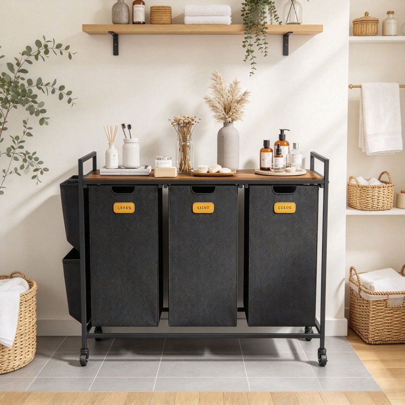 Chariot de tri du linge avec 3 sacs en tissu amovibles, panier à linge roulant avec couvercle en bois et poches latérales, organisateur de linge mobile sur roulettes pour salle de bain et buanderie.