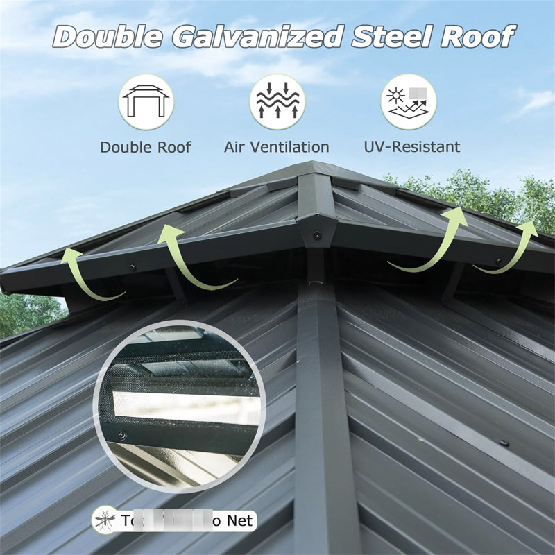 Pavillon de jardin en aluminium et métal avec double toit et rideau, idéal pour la terrasse, la cour, la terrasse, le toit en acier galvanisé gris, gris divertissement