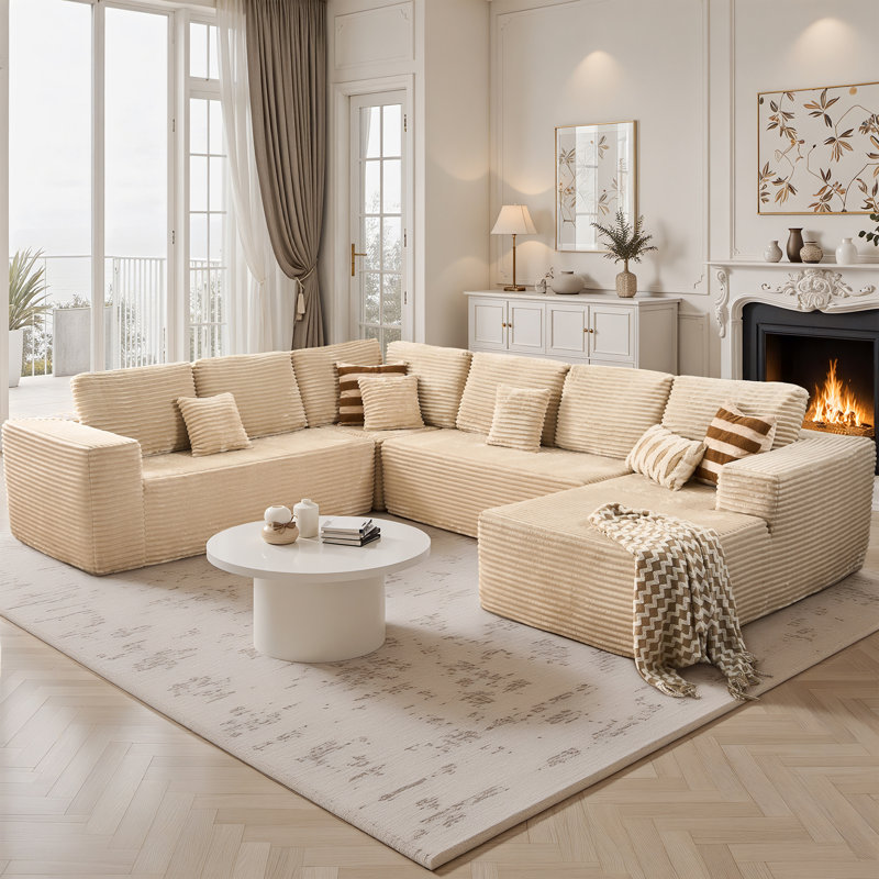 Canapé modulaire avec assise profonde en tissu de velours côtelé Cloudelle, Orienté à droite, Velours côtelé beige
