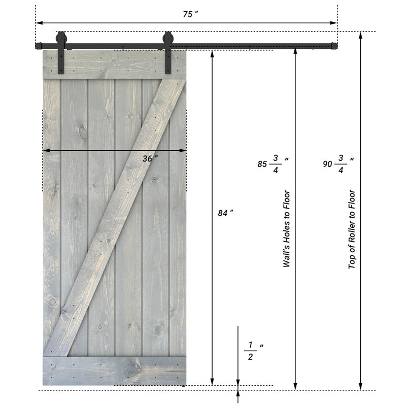 Porte de grange coulissante à panneaux en bois Z Series avec trousse de quincaillerie d'installation (DIY) 1 1, 36 po x 84 po