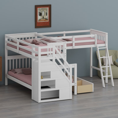 Lit superposé en forme de L peu encombrant avec tiroirs de rangement intégrés, échelle et escalier pour des aménagements de chambre polyvalents
