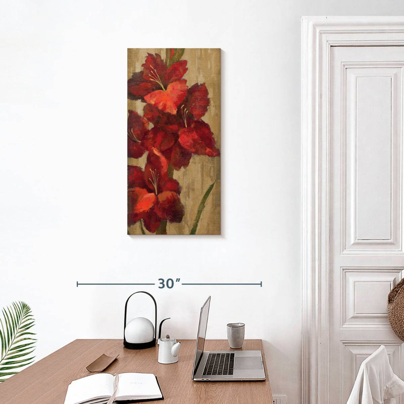 Glaïeul rouge vif sur or, H 30 po x l 15 po