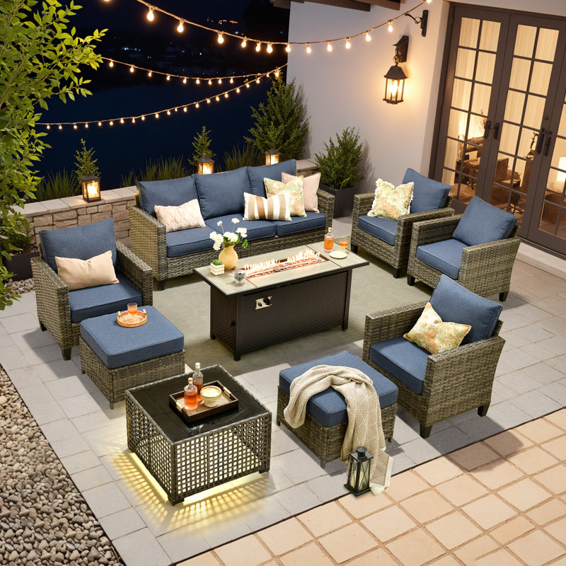 Allcot 7 - Person Wicker Outdoor Conversation Set, Patio Fire Pit Set with Lighted Coffee Table and Cushions, Blue