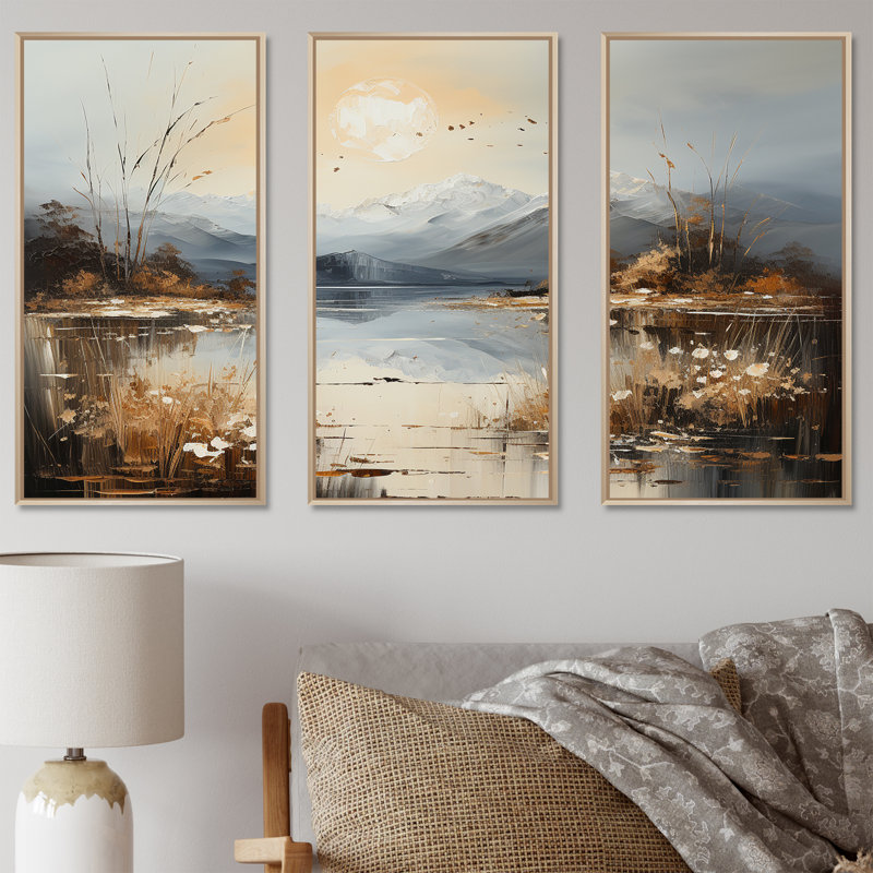 Fleurs de pissenlit beige sur un lac - ensemble d'art mural fleurs, H 28 po x l 36 po x P 1 po, Cadre naturel flottant