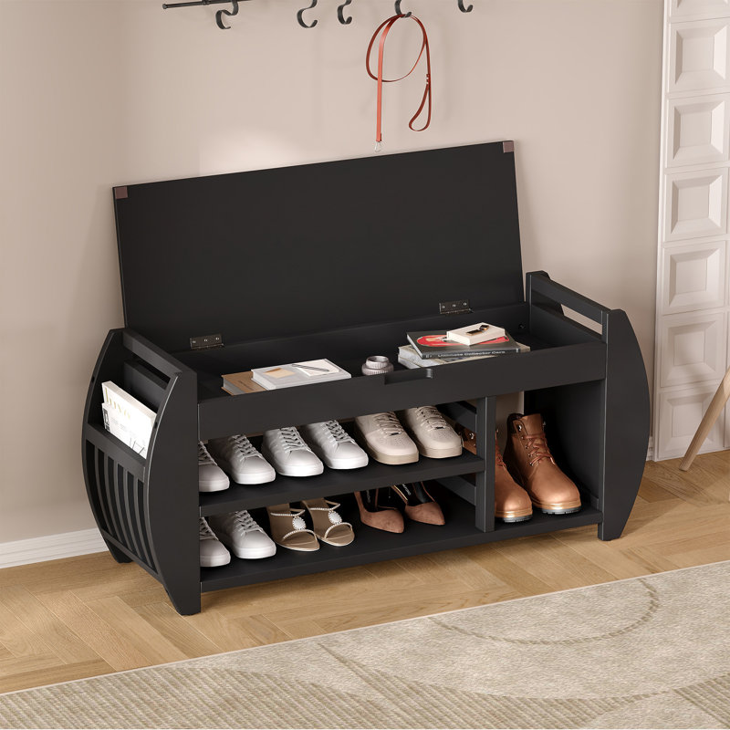 TREXM Retro Multifunctional Storage Bench With Cushion And Curved Side Panel For Entrance And Living Room, Black