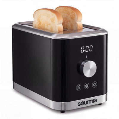 Grille-pain Gourmia2 avec 6 niveaux de brunissement, modes bagel et décongélation, fentes extra-larges, plateau à miettes coulissant, conception compacte, noir