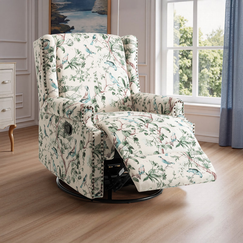 Upholstered Classic Wing Back Manual Handle Swivel Rock Glider Recliner with Naihead Trims, Bird
