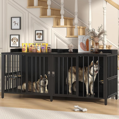 Cage pour chien 78 pouces pour 2 grands chiens moyens avec porte d'accès supérieure et bols rotatifs en acier inoxydable à 360 degrés