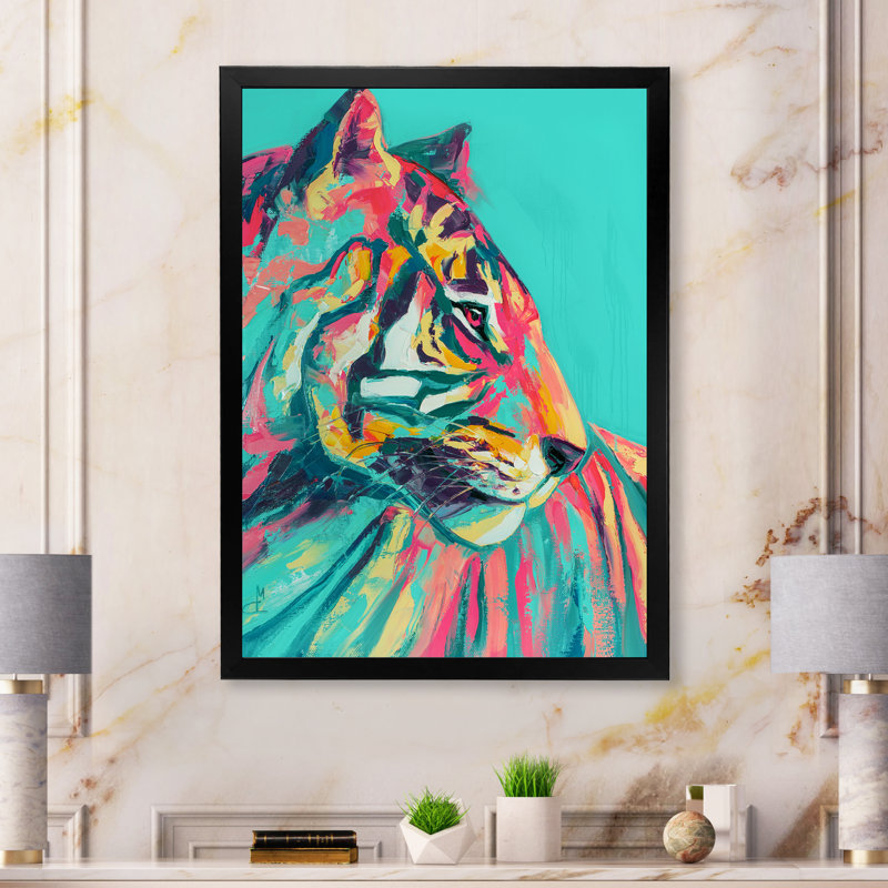 Pop Art turquoise et tigre rose - décoration murale moderne en toile, Toile avec cadre photo noir
