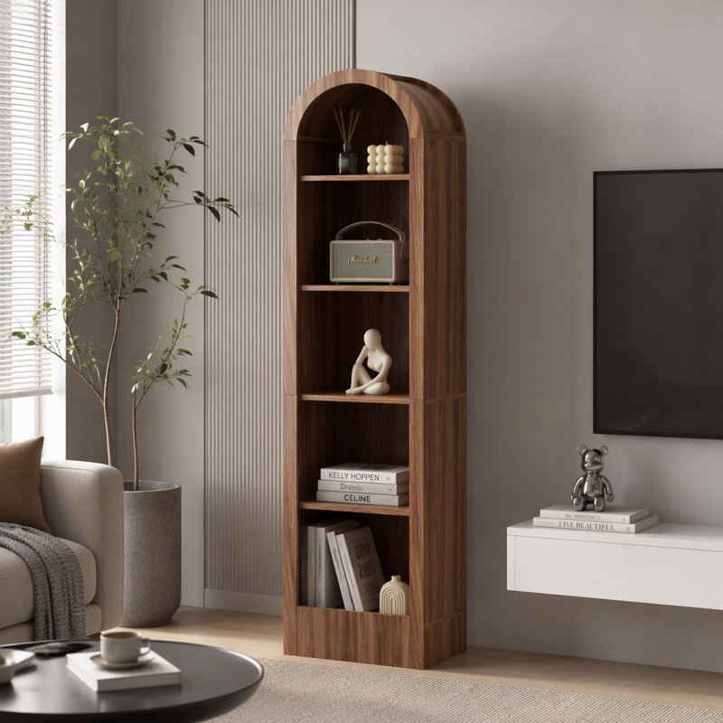 Petite bibliothèque arquée de 67 po à 5 niveaux avec tablette de rangement ouverte Mid-Century, Walnut