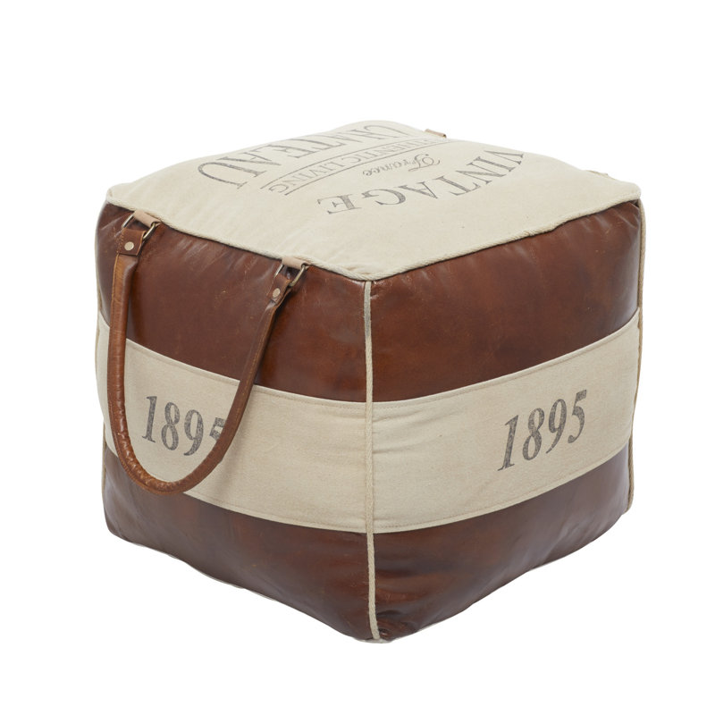 Brown Canvas Text Stuffed Pouf with Leather Accents